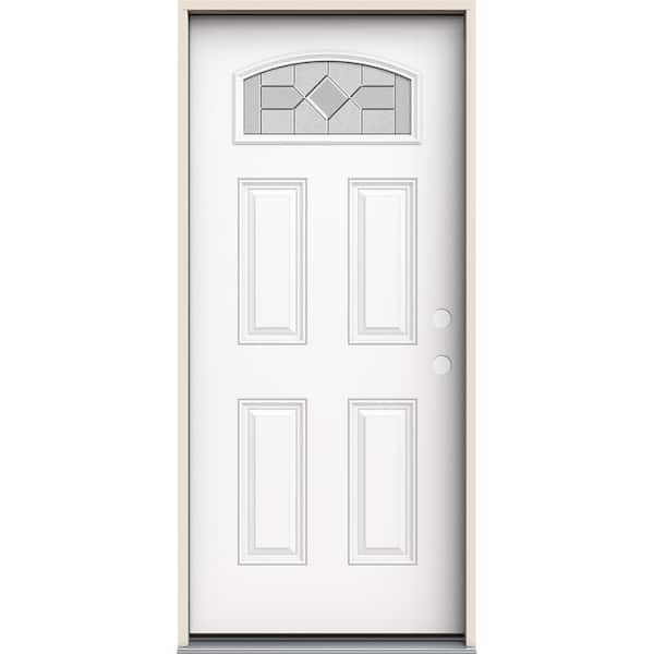 JELD-WEN 36 in. x 80 in. Left-Hand/Inswing Camber Top Caldwell Decorative Glass Modern White Fiberglass Prehung Front Door