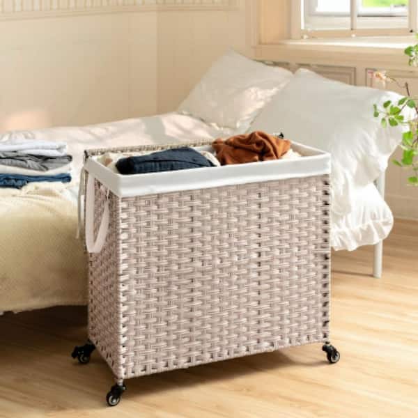 Unbranded Gray 28 in. x 26 in. Wicker Foldable Clothes Laundry Basket, Removable Liner Decorative Basket with 2-Removable Bags