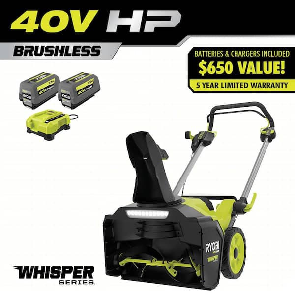 RYOBI 40V HP Brushless Whisper Series 21 in. Single-Stage Cordless Battery Snow Blower with (2) 7.5 Ah Batteries & Charger