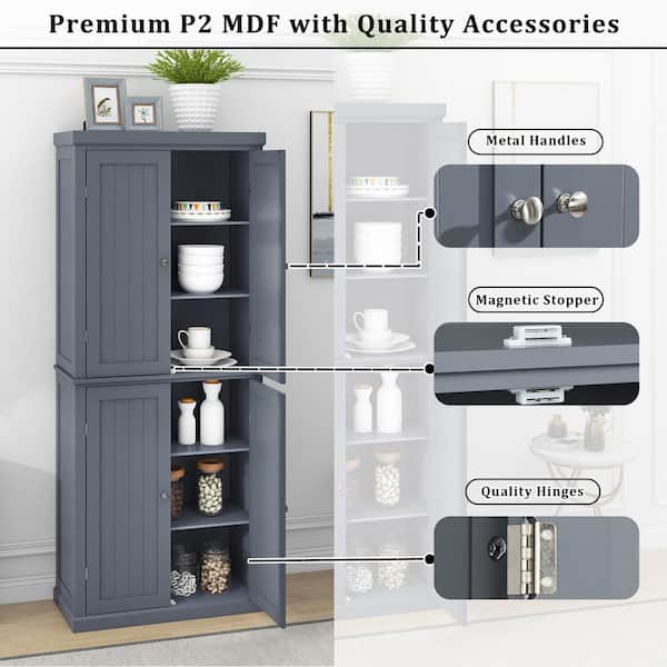 Adrinfly 30 in. W x 14 in. D x 72.4 in. H in Gray MDF Ready to Assemble Kitchen Cabinet Pantry with 4-Doors & Adjustable Shelves