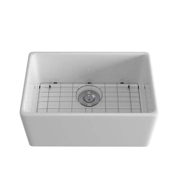 EPOWP White Ceramic 23.67 in. Single Bowl Corner Farmhouse Apron Workstation Kitchen Sink with Bottom Grid