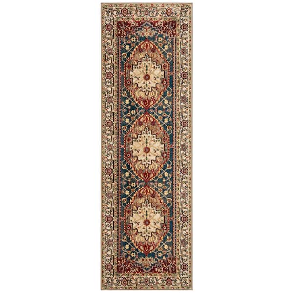 Kashan 3 ft. x 10 ft. Ivory/Blue Border Runner Rug