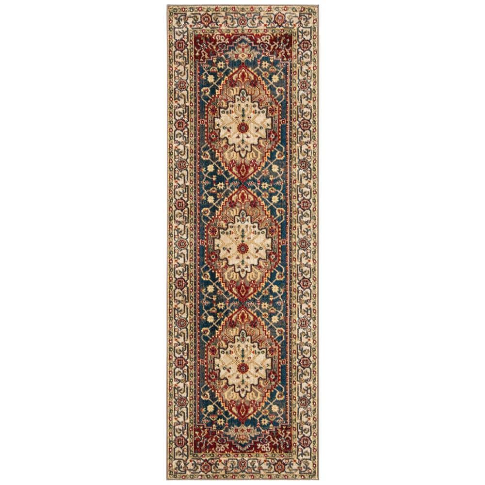 Reversible Blue Floral Easy Care Synthetic Runner Rug