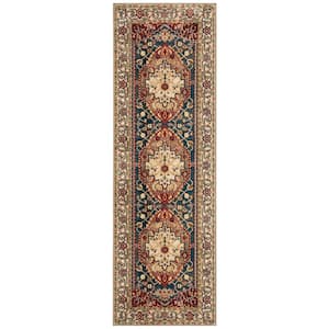 Kashan Ivory/Blue 3 ft. x 8 ft. Border Runner Rug