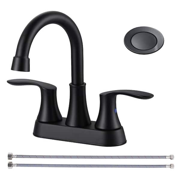 VEVETTA 4 in. Centerset Double Handle High Arc Stainless Steel Bathroom Faucet with Deckplate and Pop Up Drain in Matte Balck