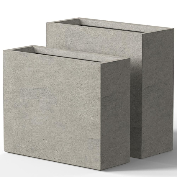 Modern 16 in., 24 in. High Large Tall Elongated Square Light Gray Outdoor Cement Planter Plant Pots Set of 2