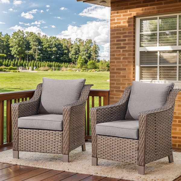 Gymojoy Frazee Brown Wicker Patio Club Chair Set 2-Piece Outdoor Lounge Chair with Gray Cushions