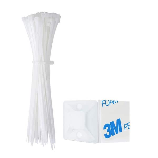Strong Self Adhesive Cable Zip Tie Mounts Kit 100 Set Cable Management Clips with 6 Zip Ties White