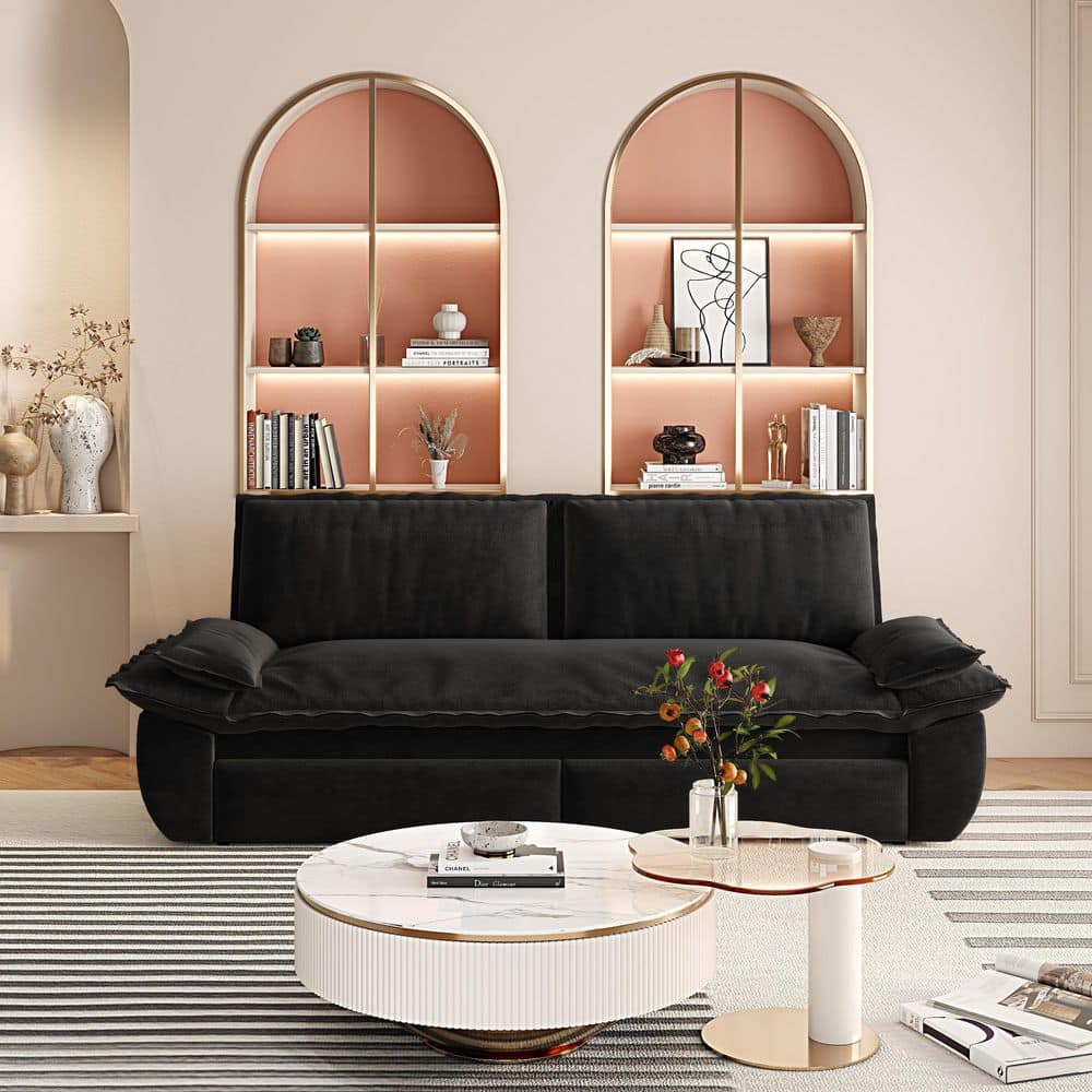 73.2 in. Square Arm Velvet Rectangle Sofa in Black with Sofa Cushions price history on PriceWatchPro