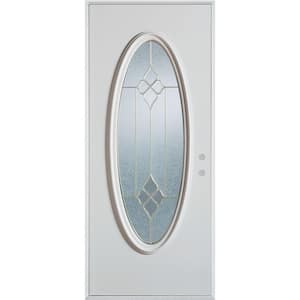 36 in. x 80 in. Geometric Brass Full Oval Lite Painted White Left-Hand Inswing Steel Prehung Front Door