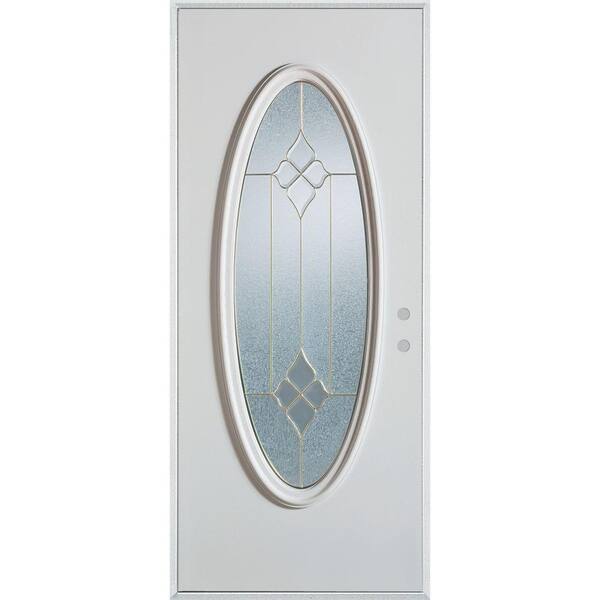 Stanley Doors 36 in. x 80 in. Geometric Brass Full Oval Lite Painted White Left-Hand Inswing Steel Prehung Front Door