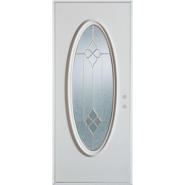 Stanley Doors 36 in. x 80 in. Geometric Zinc Full Oval Lite Painted White Left-Hand Inswing Steel Prehung Front Door