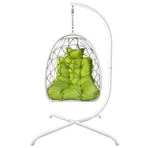 White Wicker Patio Swing Egg Chair Hanging Chair with Stand and Green Cushion