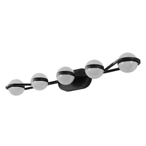 35.4 in. 5-Light Black LED Vanity Light with Frosted White Shade