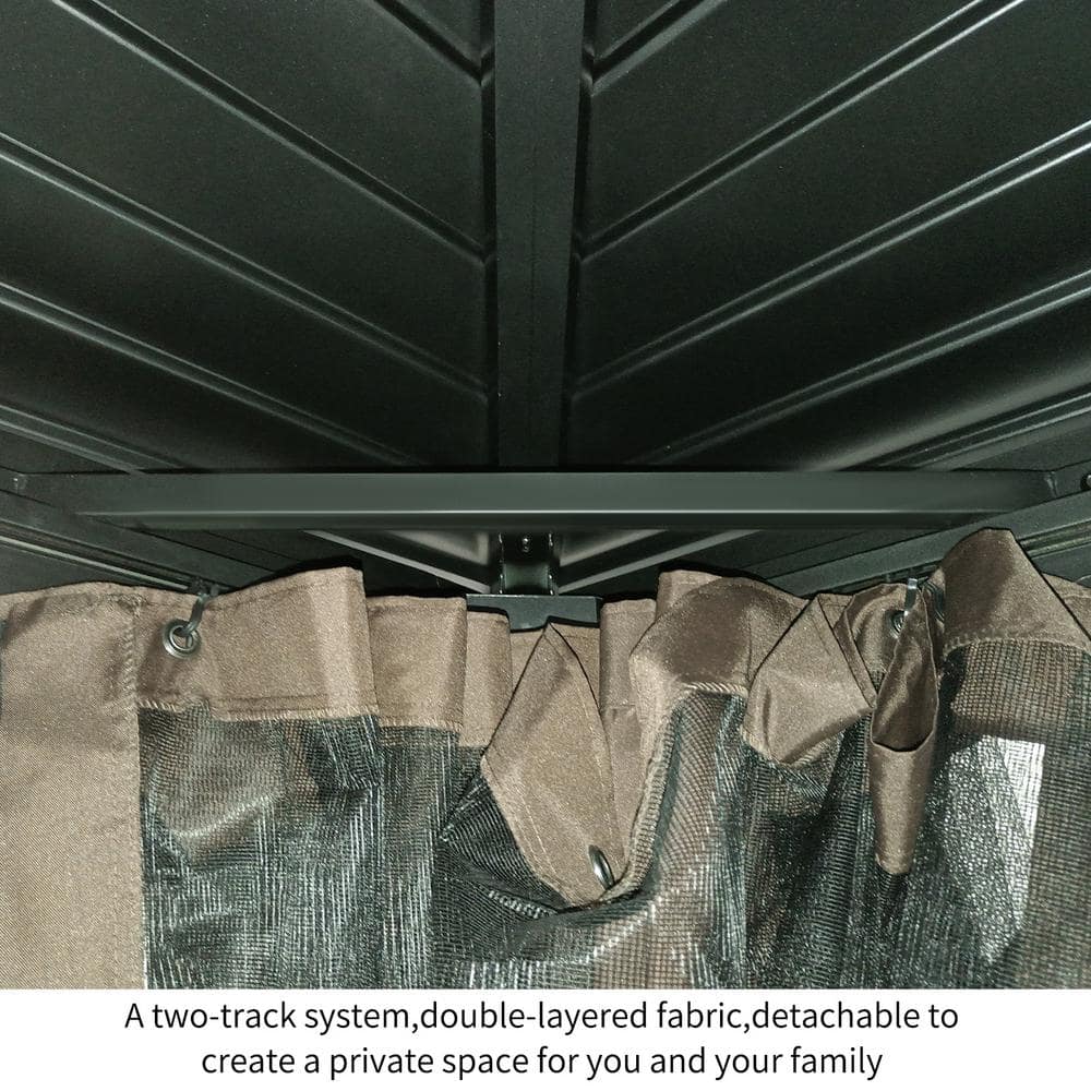 10' x 10' Dark Brown Metal Hardtop Gazebo with Mesh Sidewalls