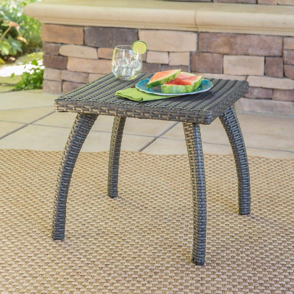  1-Piece Square Rattan Outdoor Gray Side Table for Patio Porch Poolside