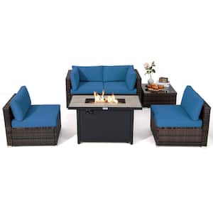 6-Piece Wicker Patio Conversation Set with 60,000 BTU Gas Fire Pit Table and Tempered Glass Coffee Table & Navy Cushions