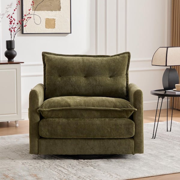 Eve Olive Green 36.22 in. Chenille Upholstered Accent Chair with 360° Swivel Metal Base, Thick Flared Arm, Side Pockets