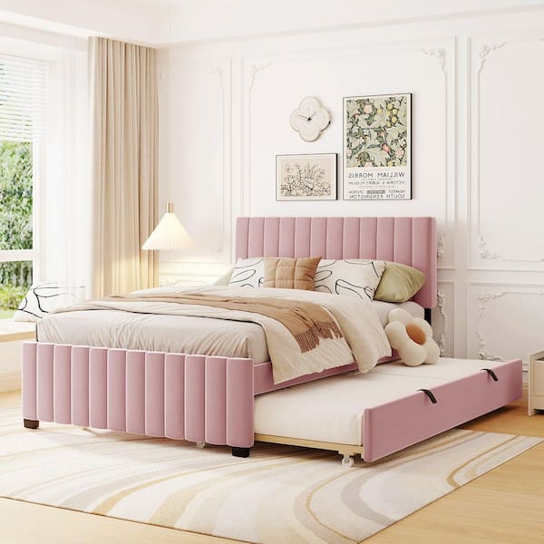 Pink Wood Frame Full Size Platform Bed with Twin Size Trundle