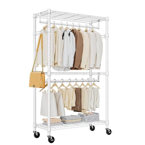White 3 Tiers Heavy Duty Steel Rolling Clothes Rack with 2 Rods and Side Hooks, 29.5 in. W x 74.5 in. H x 15.7 in. D