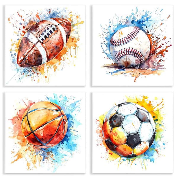Stupell Industries Modern Splash Sports Balls by LSR Design Studio 4-Pieces Unframed Sports Graphic Art Print 12 in. x 12 in.