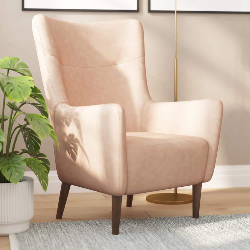 Light Brown Faux Leather Wingback Accent Chair with Wooden Legs