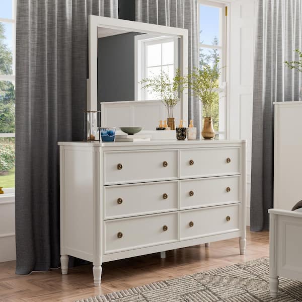 Furniture of America Whitfield Modern French White 6-Drawer 62 in. Dresser With Mirror and Cedarwood-Lined Bottom Drawers