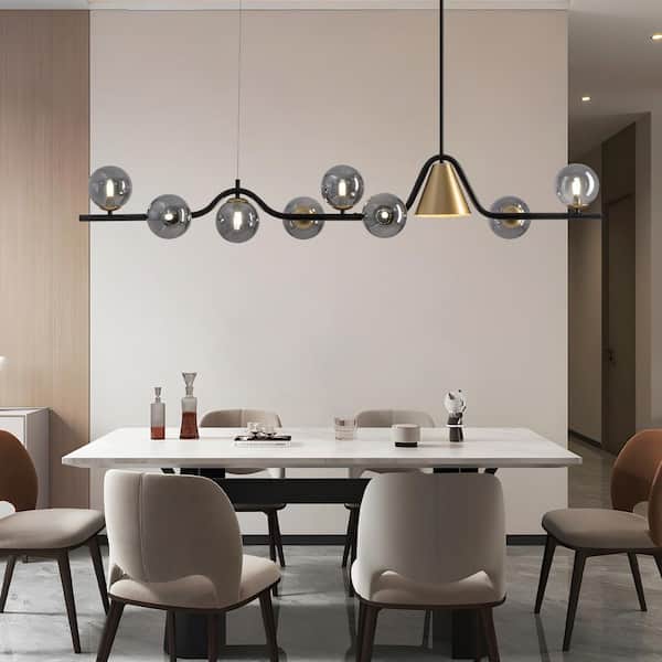 9-Light Black and Gold Linear Sputnik Globe Chandelier Kitchen Island Pendant Lighting for Dinning Room