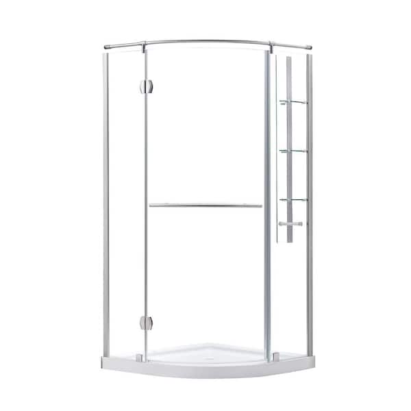 Glamour 38 in. x 73.90 in. Semi-Frameless Pivot Corner Shower Door in Satin Nickel with 38 in. x 38 in. Base in White