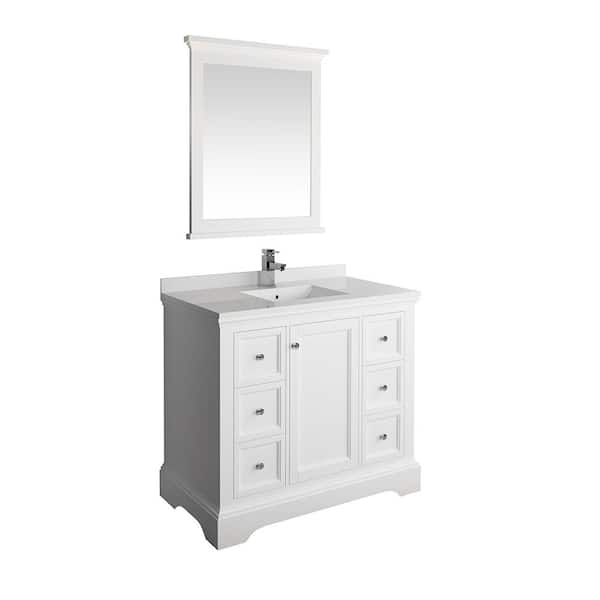 Windsor 40 in. W Traditional Bath Vanity in Matte White with Quartz Stone Vanity Top in White with White Basin, Mirror