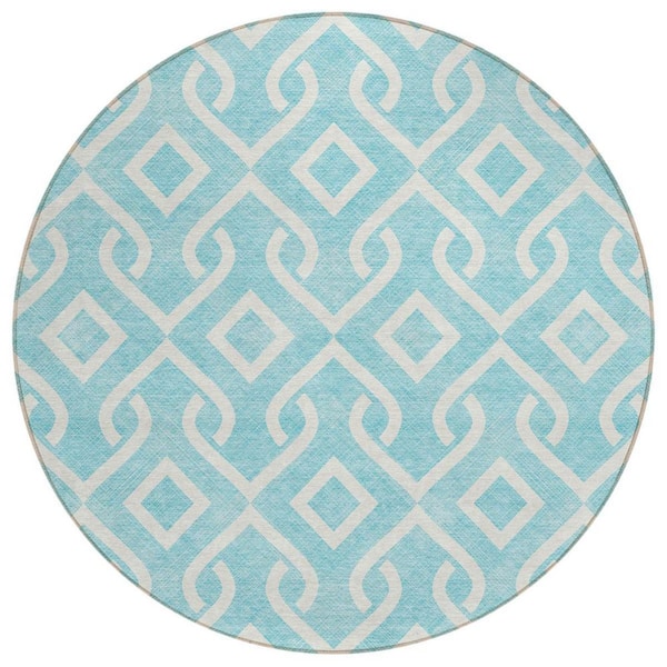 Aqua, Ivory 8 ft. Round Woven Geometric Polyester Round Indoor/Outdoor Area Rug