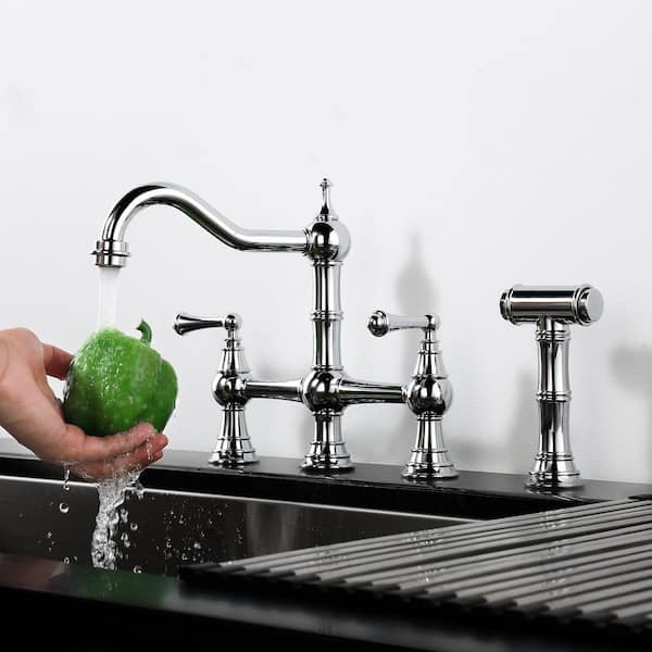 Brass 8 in. Double Handle Bridge Kitchen Faucet with Brass Valve, Side Sprayer and Supply Lines in Polished Chrome
