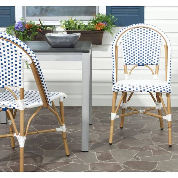 SAFAVIEH Salcha Blue/White Stackable Aluminum/Wicker Outdoor Dining Chair (2-Pack)