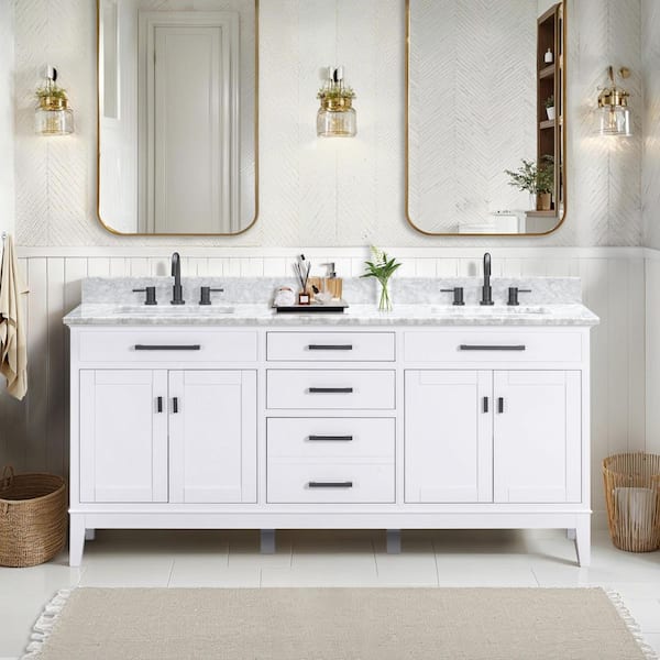 Madison 73 in. Double Sink White Bath Vanity with Carrara White Marble Top