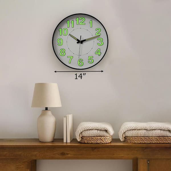 Clockswise 14 in. Decorative Glow in the Dark Quartz Wall Clock Battery Operated Luminous Green Numbers and Hands, Black