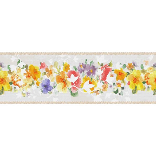 Dundee Deco Falkirk Dandy Yellow, Orange, Red, Blue Flowers on Vine Floral Peel and Stick Wallpaper Border