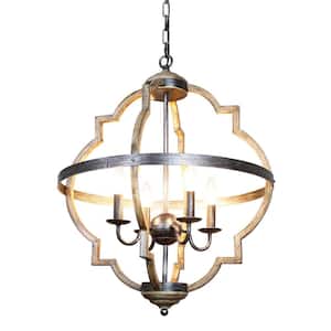 4-Light Distressed Metal Rustic Farmhouse Hanging Candle Style Orb Chandelier for Dining Room