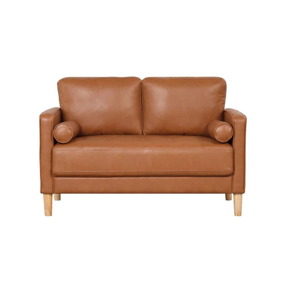 Caramel Faux Leather Tufted Loveseat with Wood Legs