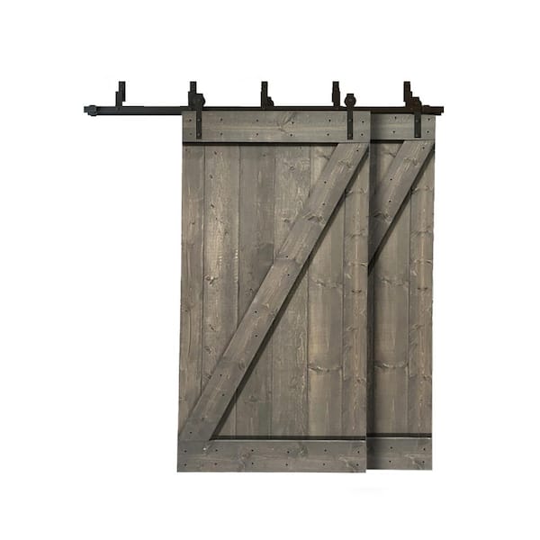 CALHOME 76 in. x 84 in. Z Bar Bypass Weather Gray Stained Solid Pine Wood Interior Double Sliding Barn Door with Hardware Kit
