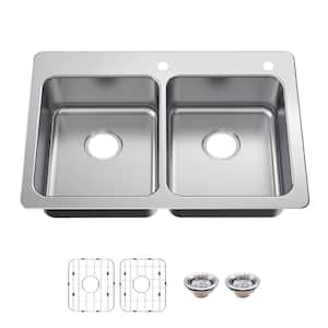 Bratten Drop-In/Undermount 18G Stainless Steel 33 in. 2-Hole 50/50 Double Bowl Kitchen Sink with Accessories