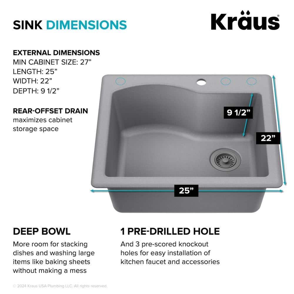 Gray Granite 25-Inch Drop-In Single Bowl Kitchen Sink