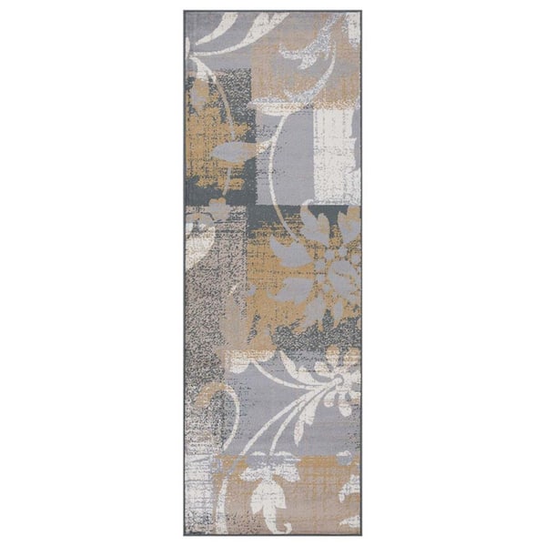 HomeRoots 8 ft. Beige and Gray Floral Power Loom Distressed Stain Resistant Runner Rug