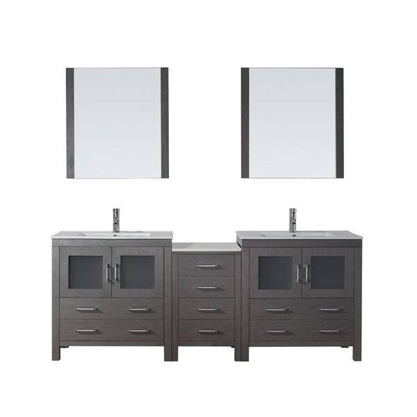 Virtu USA Dior 82 in. Double Vanity in Grey Oak with Ceramic Vanity Top in White and Mirrors