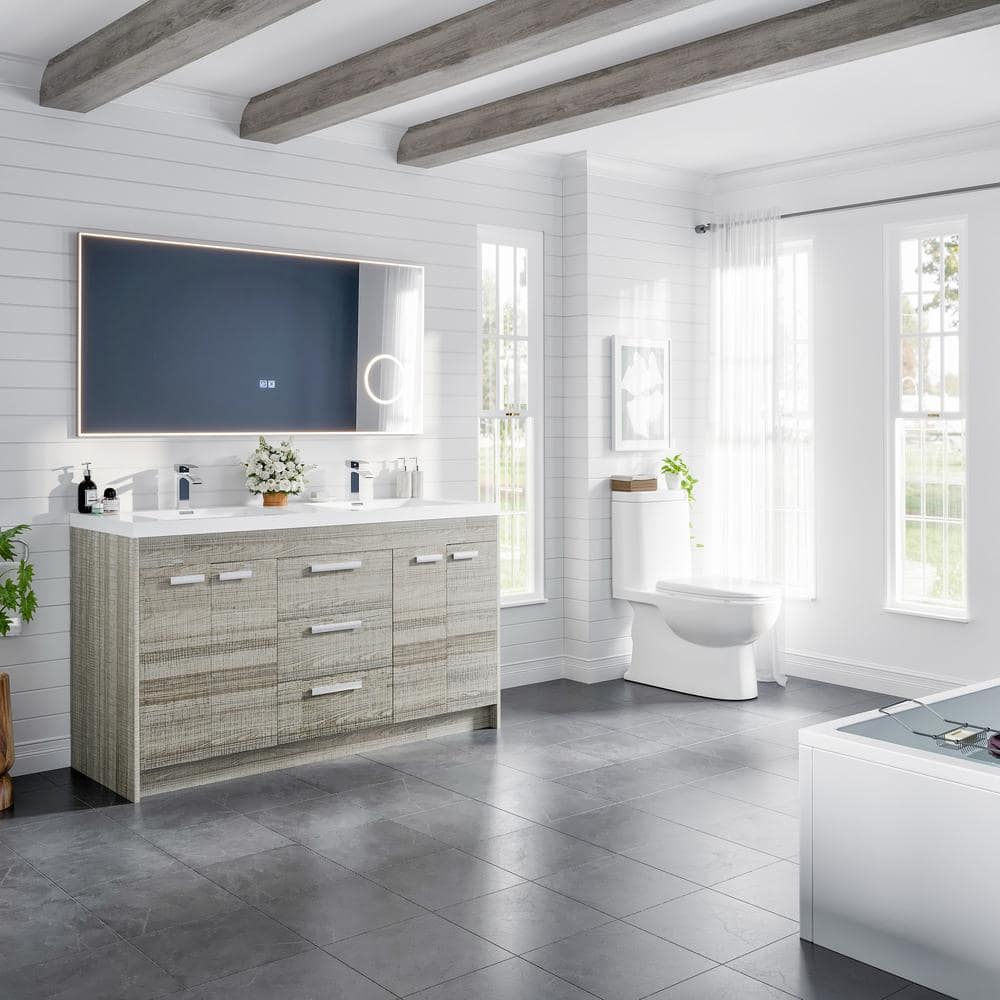 Ash Modern Freestanding Double Bathroom Vanity with White Acrylic Sink