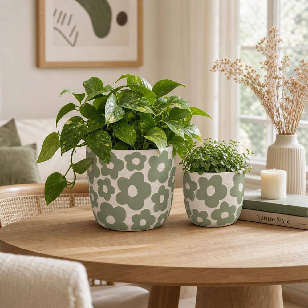 Sagebrook Home 20312-01 7 & 9 in. Cement Flower Power Planters, Light Green