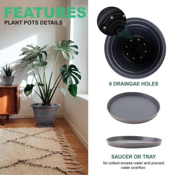 MOEPISY 4 Pack 16 Inch Plastic Flower Pot with Drainage Holes & Saucer  0DQV7YZC8 - The Home Depot
