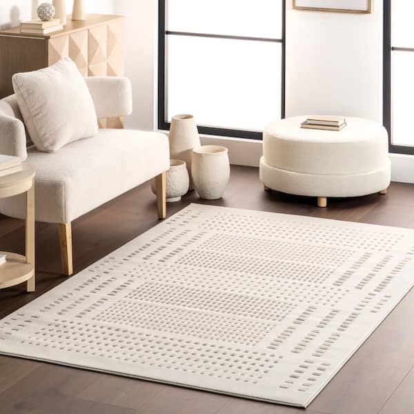Rowyn Geometric Machine Washable Cream 6 ft. Modern Round Rug