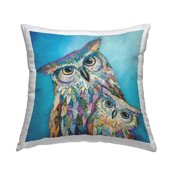 Owl Family Abstract Pattern Blue Square Outdoor Throw Pillow