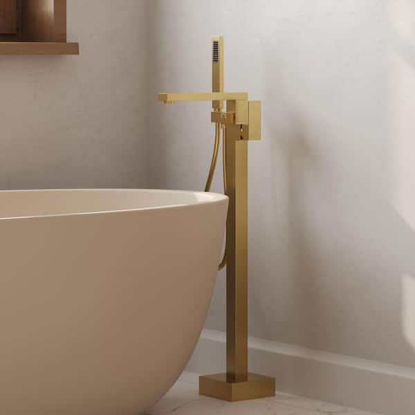2-Handle Floor Mount Freestanding Tub Faucet with Hand Shower in Brushed Gold