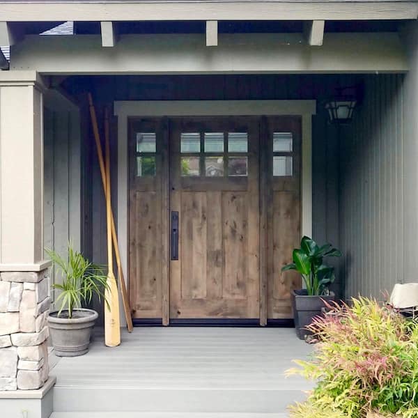 64 in. x 80 in. Craftsman Alder 2 Panel 6-Lite Clear Low-E Unfinished Wood Right-Hand Prehung Front Door/Sidelites
